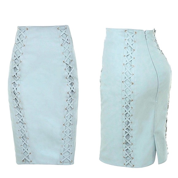 House of CB Womens Skirt Toriola Blue Vegan Leather Lace Up Pencil High Rise S - Picture 1 of 11